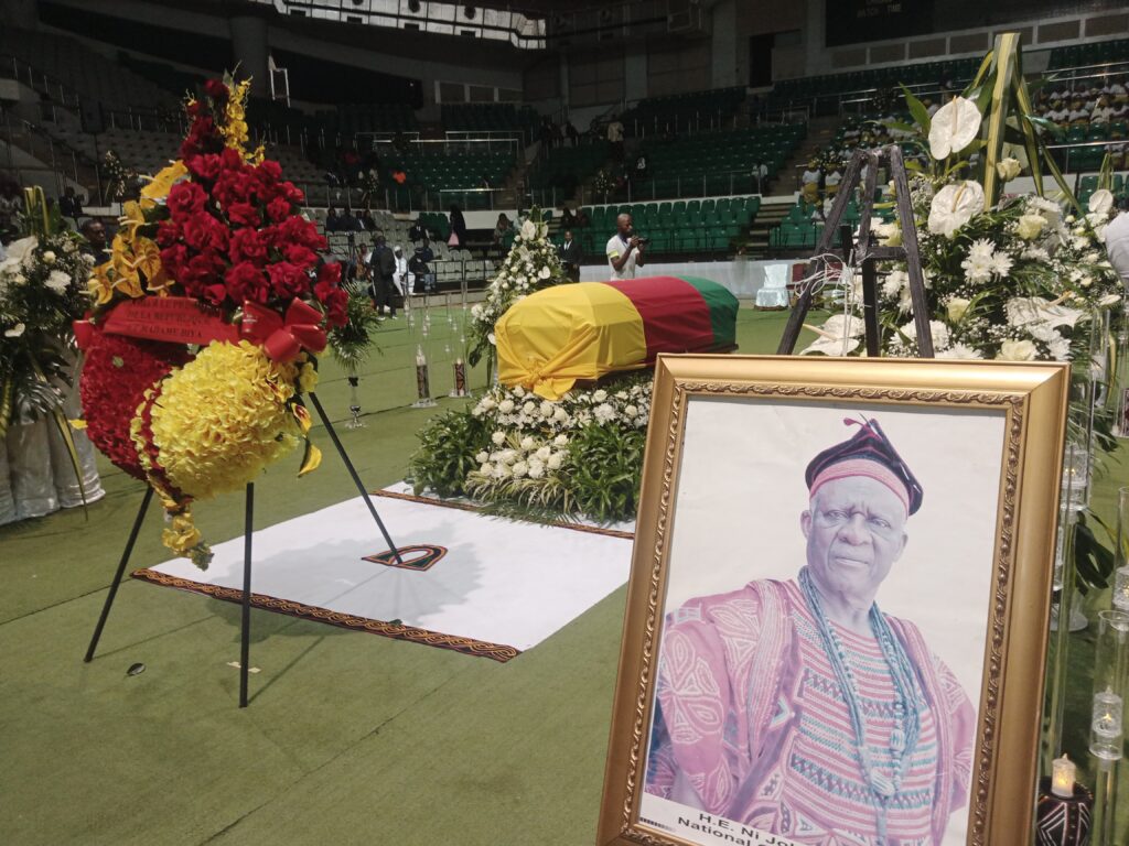 Fru Ndi's casket is placed at the Yaounde Multipurpose Sport Complex July 27th, 2023 for posthumous honours